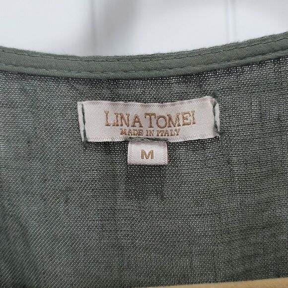 Lina Tomei 100% LINEN Shift Embellished Sleeveless  Dress Green SZ Med Italy - Picture 3 of 5